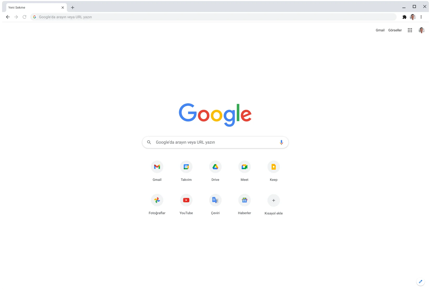 Chrome tarayıcı penceresinde Google.com gösteriliyor.